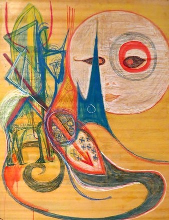 Sant Jordi. 124 x 97,5 cm. Ceres i pastels sobre fusta. Ca. 1980