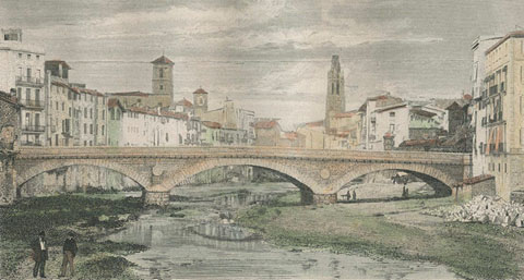 Vista del riu Onyar amb el pont de Pedra a la part central. A l'esquerra del riu, el campanar de Santa Susanna, el de les Bernardes i el de Santa Clara. 1870-1880