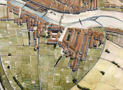 Recreaci&oacute; a vol d�ocell del Mercadal vers 1360 vista des de ponent. El barri havia assolit la m&agrave;xima extensi&oacute; constru&iuml;da, malgrat que ja havien comen&ccedil;at els temps de recessi&oacute;
