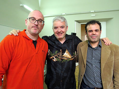Josep Dom&egrave;nech, M&agrave;rius Serra i Xavier Del&ograve;s, moments abans de comen&ccedil;ar la presentaci&oacute;