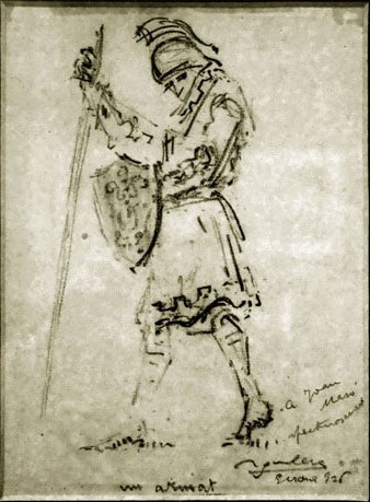 Dibuix d�un armat que el pintor Josep Aguilera i Mart&iacute; (1882-1956) dedic&agrave; a Joan Mas&oacute; i Valent&iacute;, germ&agrave; de l�arquitecte Rafael Mas&oacute;