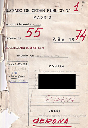 Portada de l'expedient del TOP. 'Sumario n&ordm; 55. A&ntilde;o 74'. Contra Javier Corominas Mainegre. Sobre asociaci&oacute;n il&iacute;cita y propagandas ilegales'