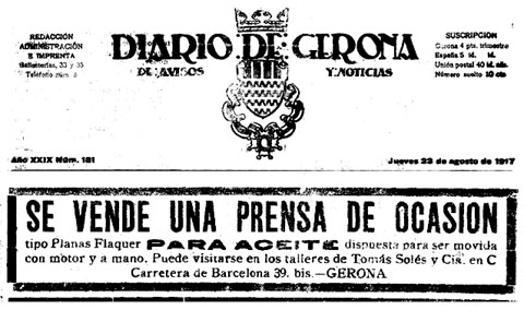 Anunci de Tom&agrave;s Sol&eacute;s i Cia, publicat al Diario de Avisos y Not&iacute;cias del 23/8/1917