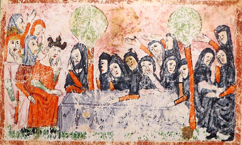 El dol sobre un ta&uuml;t, sota els arbres d�un cementiri. Hagad&agrave; Sister. Catalunya, ca. 1350