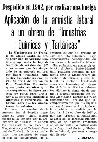 Not&iacute;cia de l'acomiadament de Pedro Montalb&aacute;n per la vaga a Ind&uacute;strias Qu&iacute;micas y Tart&aacute;ricas. Diari 'Los Sitios de Gerona', 17/10/1978