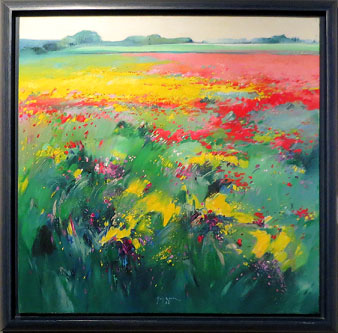 Castell&oacute; d'Emp&uacute;ries, 1982. El primer quadre que va pintar de camps florits a l'Empord&agrave;, al peu de la Muga. 100 x 100