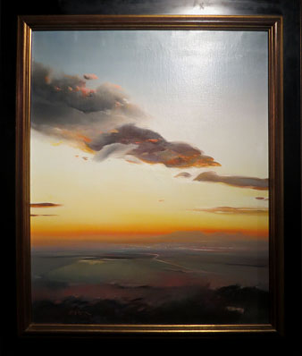 El pas de la tramuntana, 1987. Un cel de n&uacute;vols esparracats i ensangonats, venint d'una batalla que han perdut amb el vent. 100 x 81