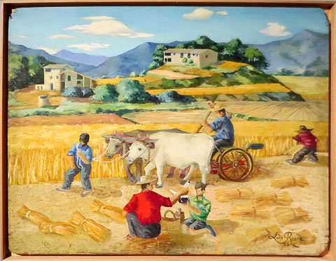 Segant el camp nou. 1963. El pare de Roura tiba del parell de bous i el seu germ&agrave; Miquel fa anar el ramp&iacute; per deixar les garbes a punt de lligar, mentre un nen passa el porr&oacute;. 89 x 116