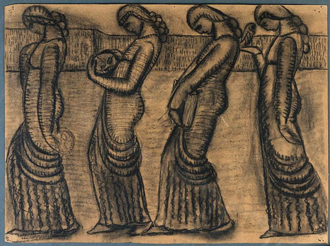 Seguici de quatre figures femenines. Fidel Aguilar. Ca. 1916. Carb&oacute; sobre paper