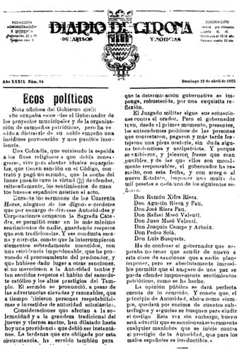 Not&iacute;cia del 'Diario de Gerona de avisos y not&iacute:cias' del 12/4/1925 amb la nota de premsa de les autoritats sobre el serm&oacute; de Barcel&oacute;