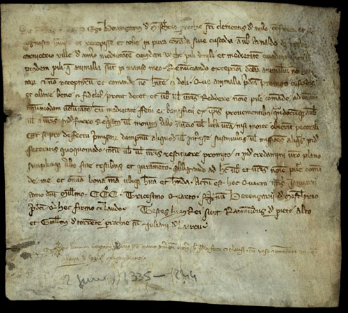 2 de gener de 1335. Reconeixement de comanda de Berenguer de Mosquer, de Sant Climent d�Amer, a favor d�Arnau Desterrats, carnisser de la vila d�Amer