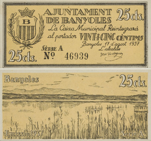Bitllet de 25 c&egrave;ntims em&egrave;s per l'Ajuntament de Banyoles durant la Guerra Civil