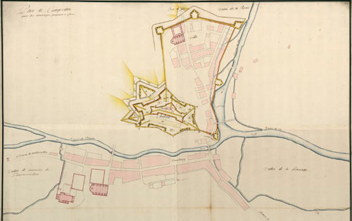 Plan de Camprodon avec les ouvrages propos&eacute;s &agrave; faire. Segle XVII