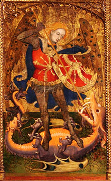 Retaule de Sant Miquel de Cru&iuml;lles. Escena central amb Sant Miquel lluitant amb el drac