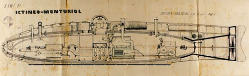 Pl&agrave;nol de l'interior del Ict&iacute;neo II (1858). Dibuix de Narc&iacute;s Monturiol