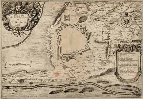 Plan de la ville et des attaques de P&uuml;ycerda en 1678