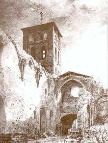 Monestir de Santa Maria de Ripoll despr&eacute:s de l'atac i incendi durant les Bullangues de 1835
