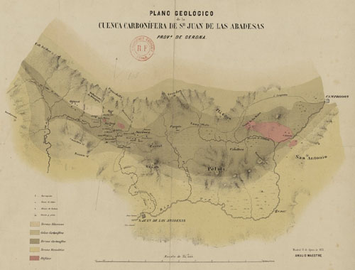 Plano geol&oacute;gico de la cuenca carbon&iacute;fera de Sn Juan de las Abadesas, prova de Gerona, por Amalio Maestre. 1855