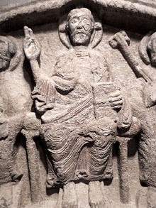 Crist. Detall del timp&agrave; de l'esgl&eacute;sia de Sant Pol. Segle XII