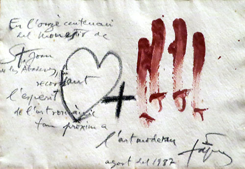 Homenatge al monestir amb motiu de l'onz&egrave; centenari. Antoni T&agrave;pies. T&egrave;cnica mixta sobre paper. 1987