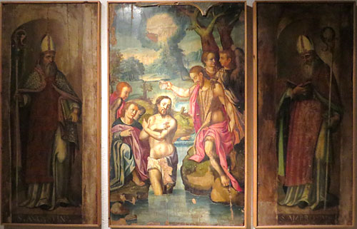 Pintures del retaule major del monestir. Sant Agust&iacute;, el baptisme de Jes&uacute;s i Sant Ambr&ograve;s. Probablement vinculades al taller del pintor Antoni Peitav&iacute;. Tremps sobre fusta. Segle XVI
