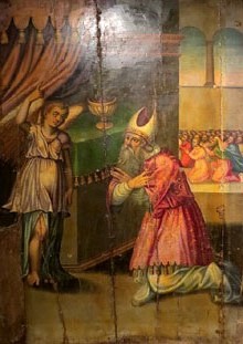 Pintura del retaule major del monestir. Aparici&oacute; de l'&Agrave;ngel a Zacaries. Probablement vinculada al taller del pintor Antoni Peitav&iacute;. Tremp sobre fusta. Segle XVI