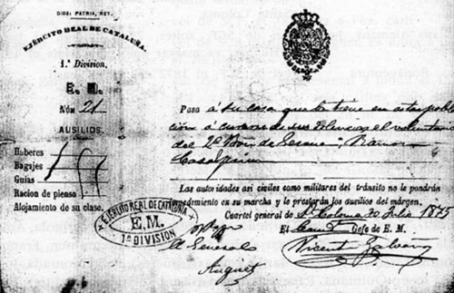 Perm&iacute;s per al soldat carl&iacute; Ramon Casalprim, ve&iacute; de Santa Coloma, signat pel brigadier o general Auguet, militar carl&iacute; que tingu&eacute; a les seves ordres gaireb&eacute; tots els voluntaris colomencs que lluitaren per la causa de Carles VII