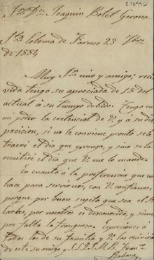 1884. 23 de juliol. Francisco Rabasa a Joaquim Botet i Sis&oacute;, des de Santa Coloma de Farners. Membret amb la inscripci&oacute;: Alcald&iacute:a Constitucional de Santa Coloma de Farn&eacute;s