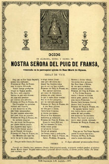 Goigs de Nostra Senyora del Puig de Fran&ccedil;a venerada a l'esgl&eacute;sia de Sant Mart&iacute; d'Ogassa, 1873